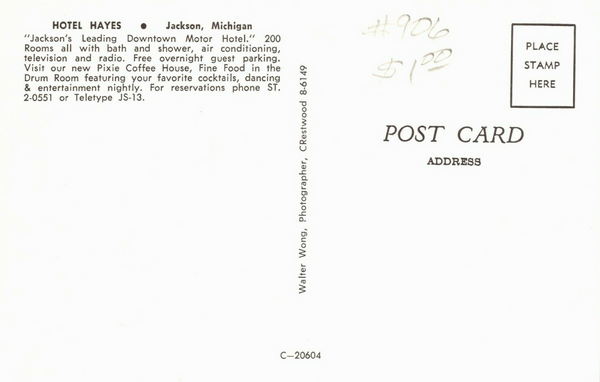 Hotel Hayes - Postcard Back (newer photo)